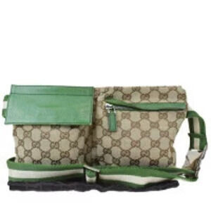 Gucci Sherry Waist Pouch Clutch Bag GG Beige Green Canvas Leather